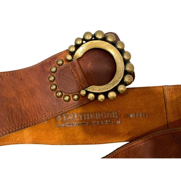Vintage Leatherock Belt Distressed Leather & Brass Ring Studded Buckle Made USA - Picture 1 of 8